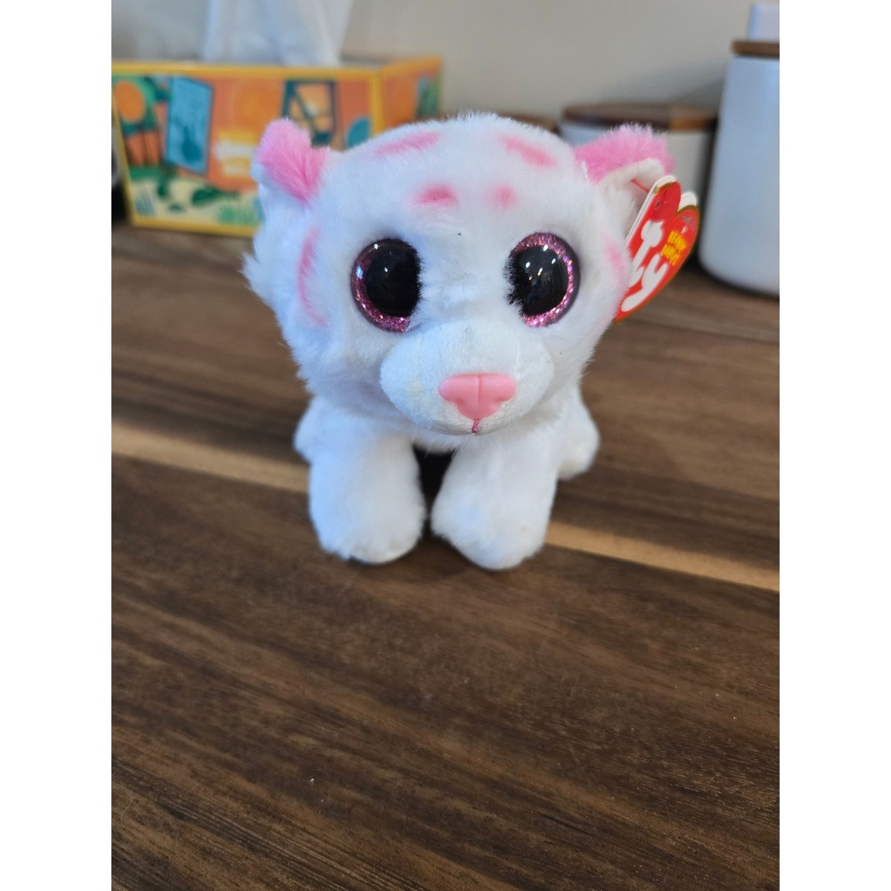 Ty Beanie Babies Tabor White Tiger Pink Striped Glitter Eyes Plush 2022 6 inch